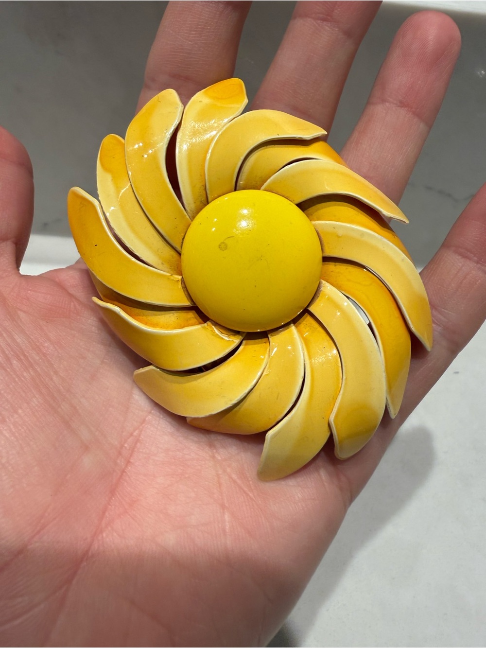 Vintage 1960s Large Yellow Enamel Flower Brooch